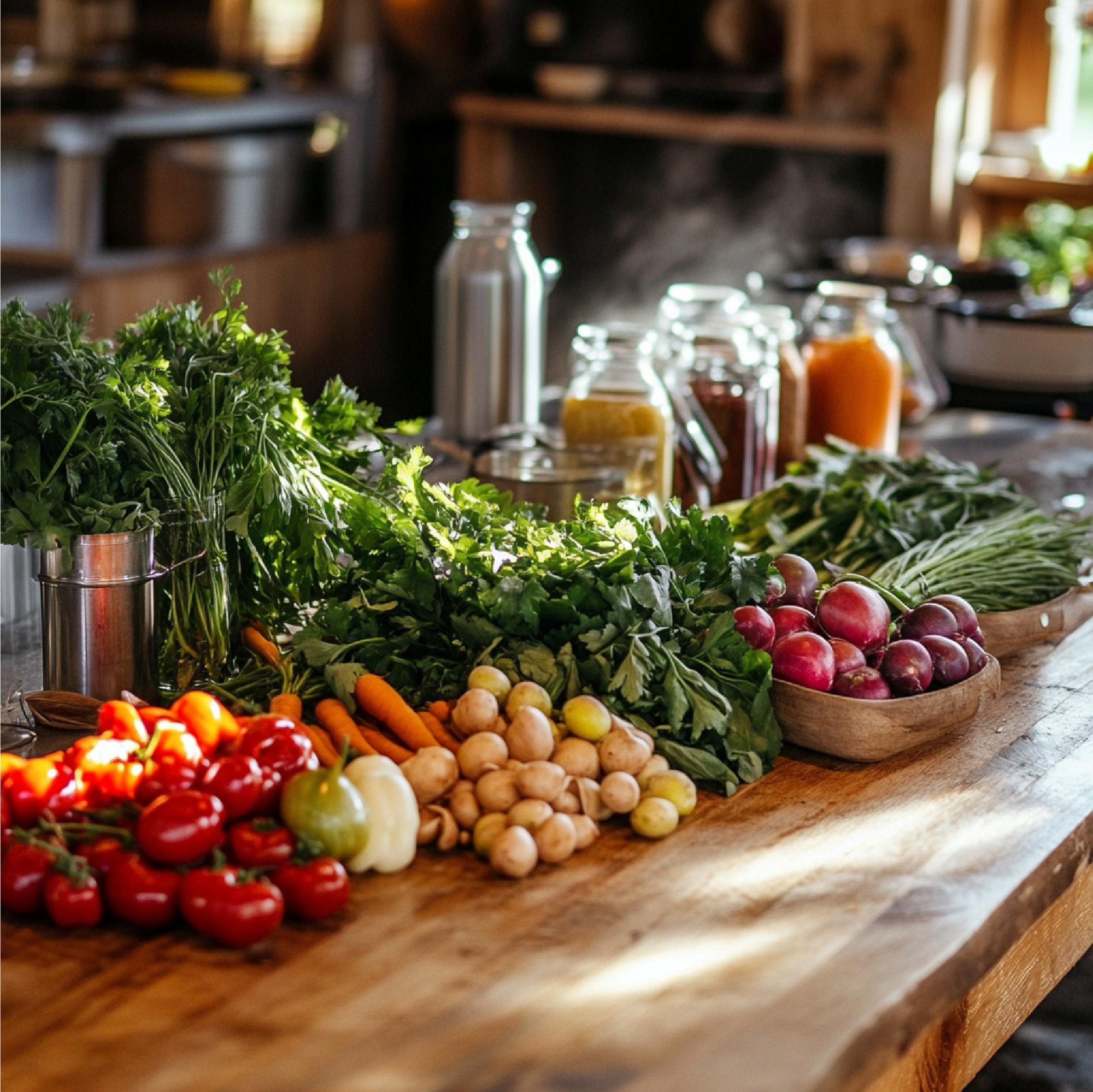 Workshop table with fresh produce and tools